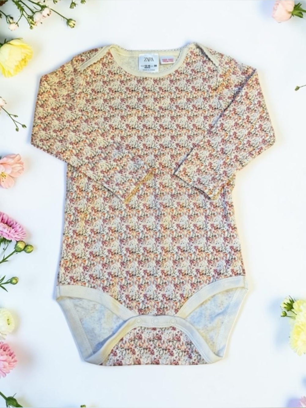 Zara Cream Long-Sleeve Baby One-Piece with Pink Floral Print